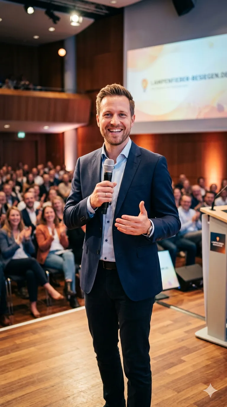 Selbstbewusster, lächelnder Redner auf der Bühne vor Publikum