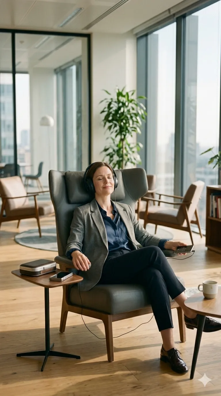 Frau entspannt mit Kopfhörern bei der mentalen Vorbereitung