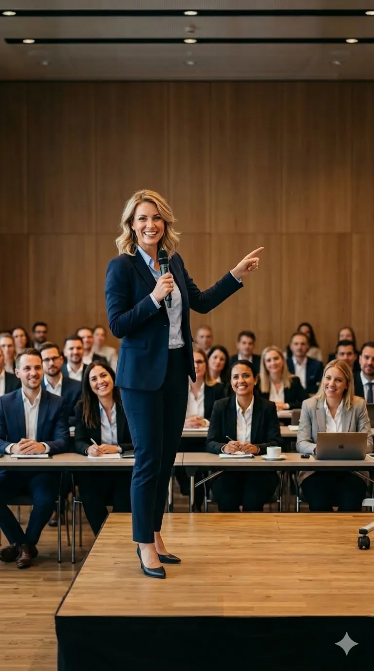Selbstbewusste Rednerin präsentiert souverän vor Publikum